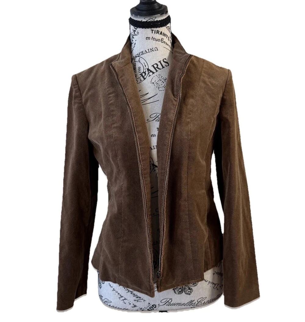 Talbots Petites Brown Cotton Stretch Cropped Jacket Size P Zip Front Fitted